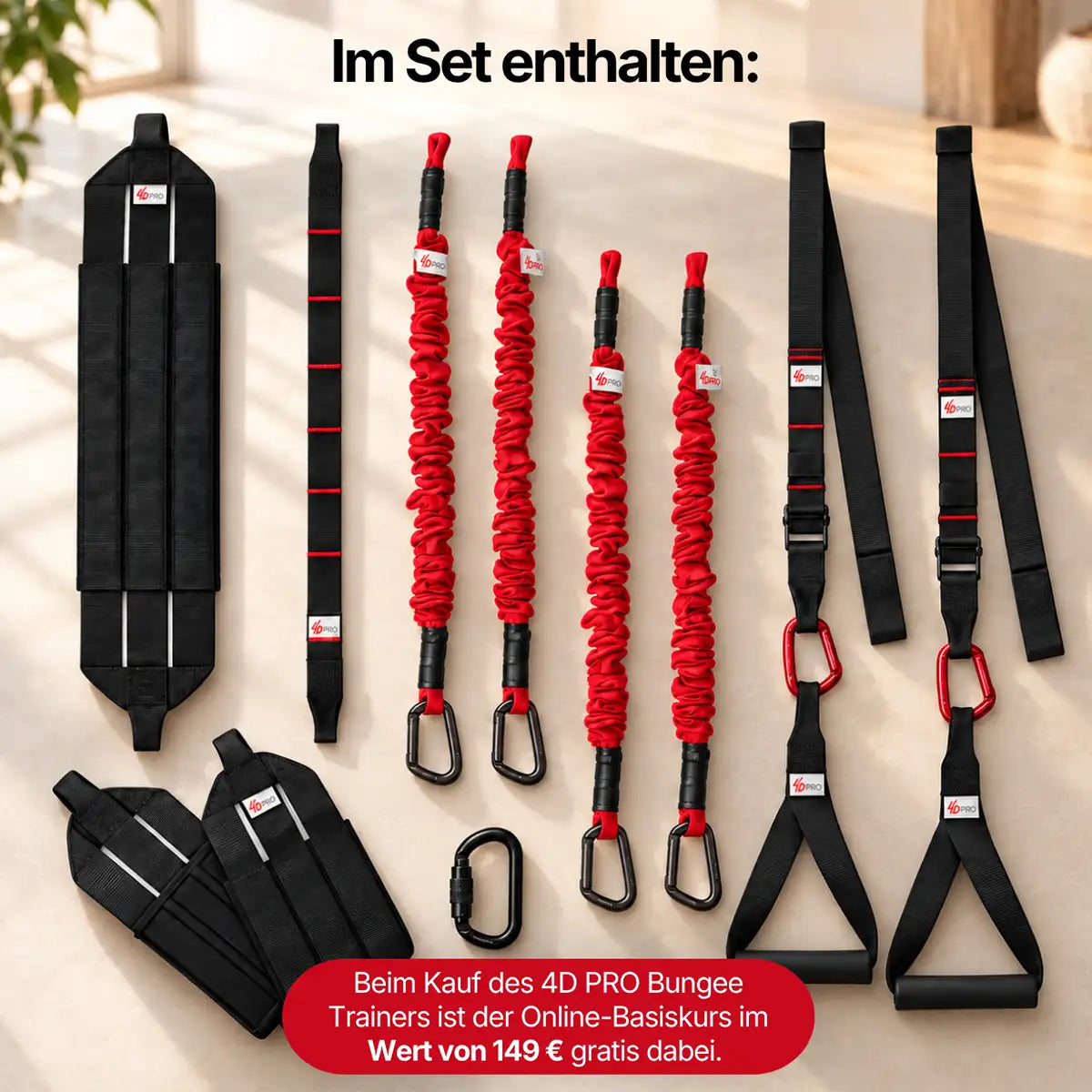 Lieferumfang 4D PRO Bungee Trainer Set: 4 rote Bungee-Seile, 2 Gurte mit Griffen, 3 gepolsterte Schlaufen, Verlängerungsgurt und Schraubkarabiner (generiert mit KI)