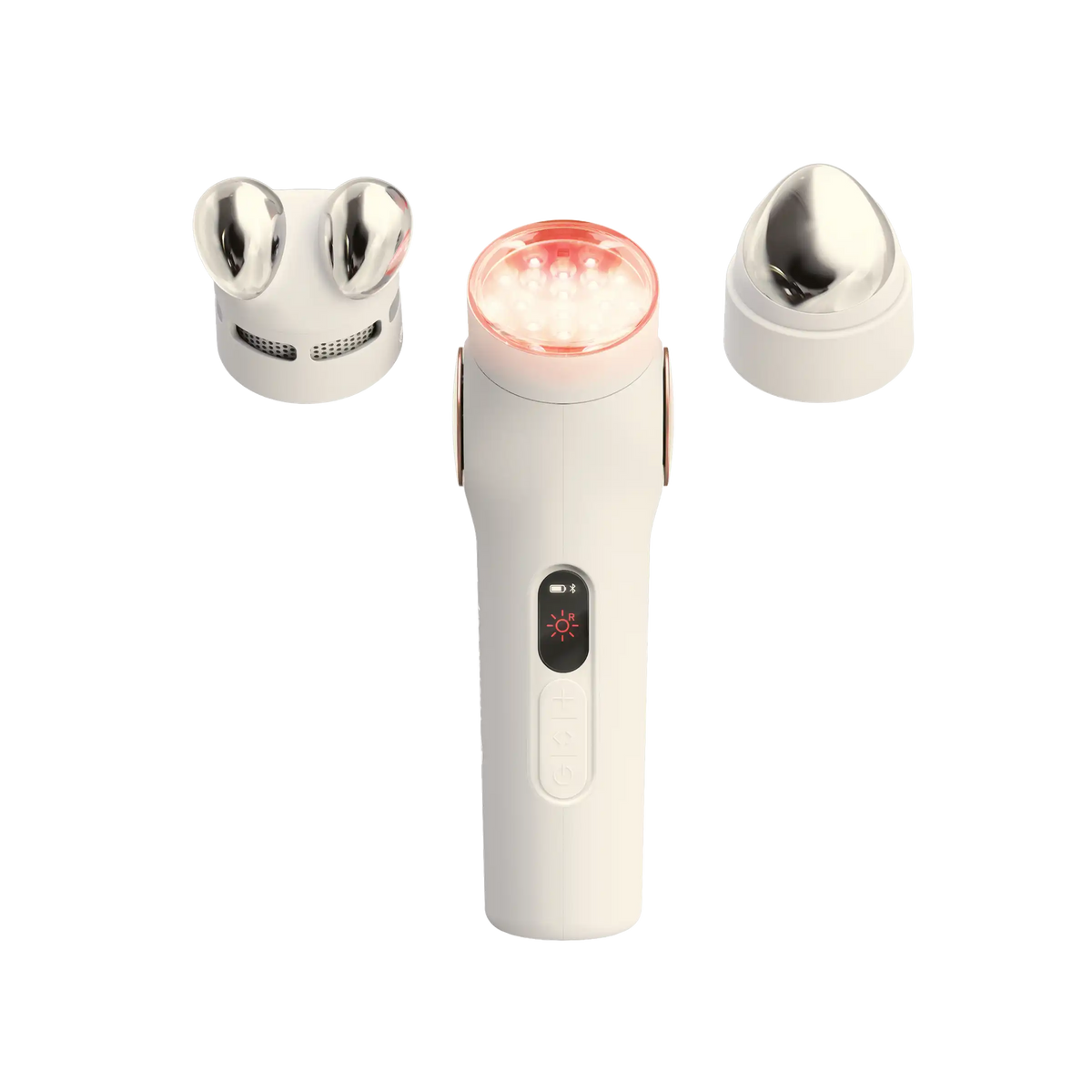 Therabody SkinSpa PRO Gesichtspflegegerät mit rot leuchtendem 4-in-1-LED-Aufsatz, daneben CryoCurrent-Aufsatz und Wärme-Massage-Aufsatz, freigestellt