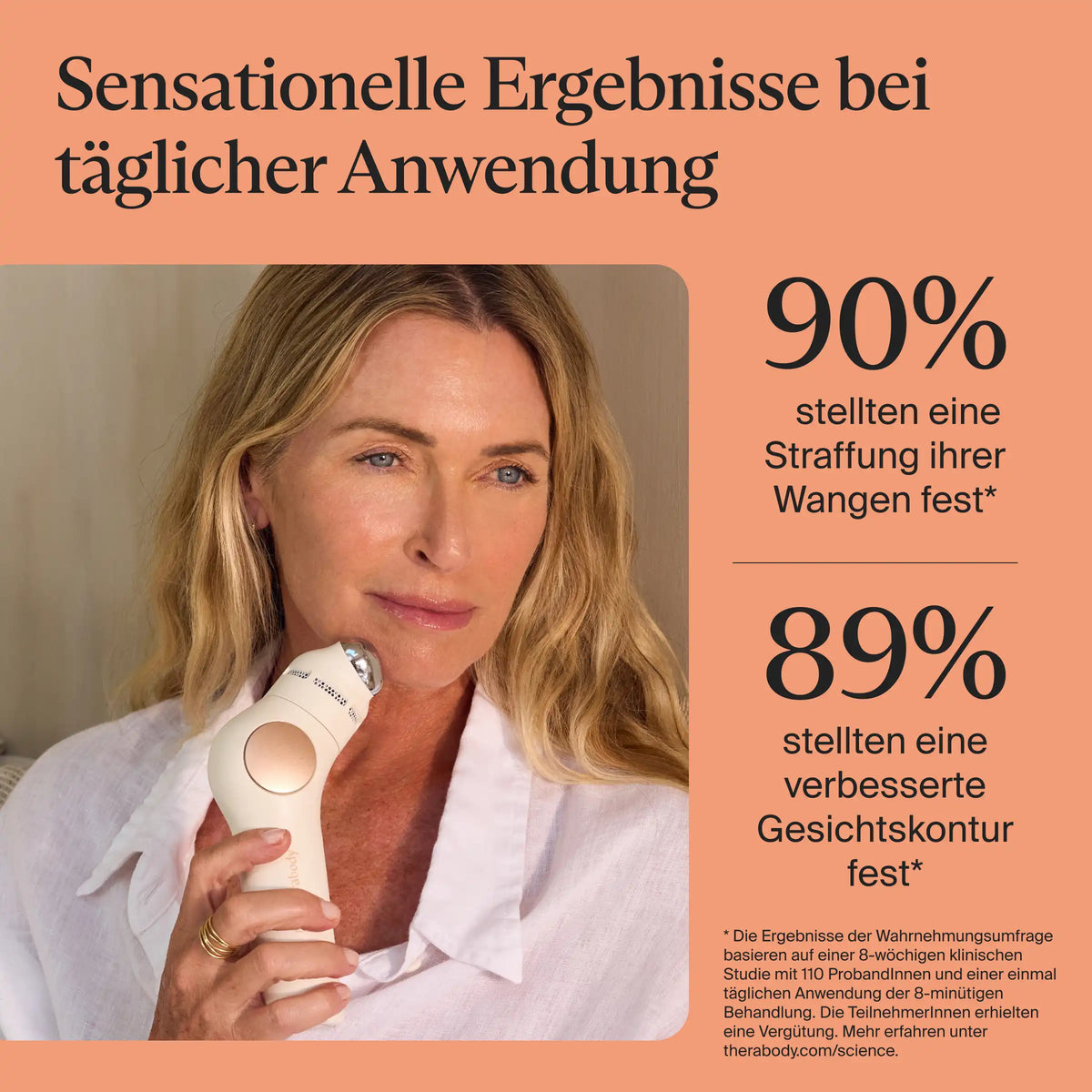 Frau mit blondem Haar führt das Therabody SkinSpa PRO Gesichtspflegegerät an Kinn und Wange. Laut Wahrnehmungsumfrage stellten 90 % eine Straffung der Wangen und 89 % eine verbesserte Gesichtskontur fest, 8-wöchige Studie mit 110 Probandinnen und Probanden, tägliche 8-Minuten-Anwendung, Teilnehmende vergütet