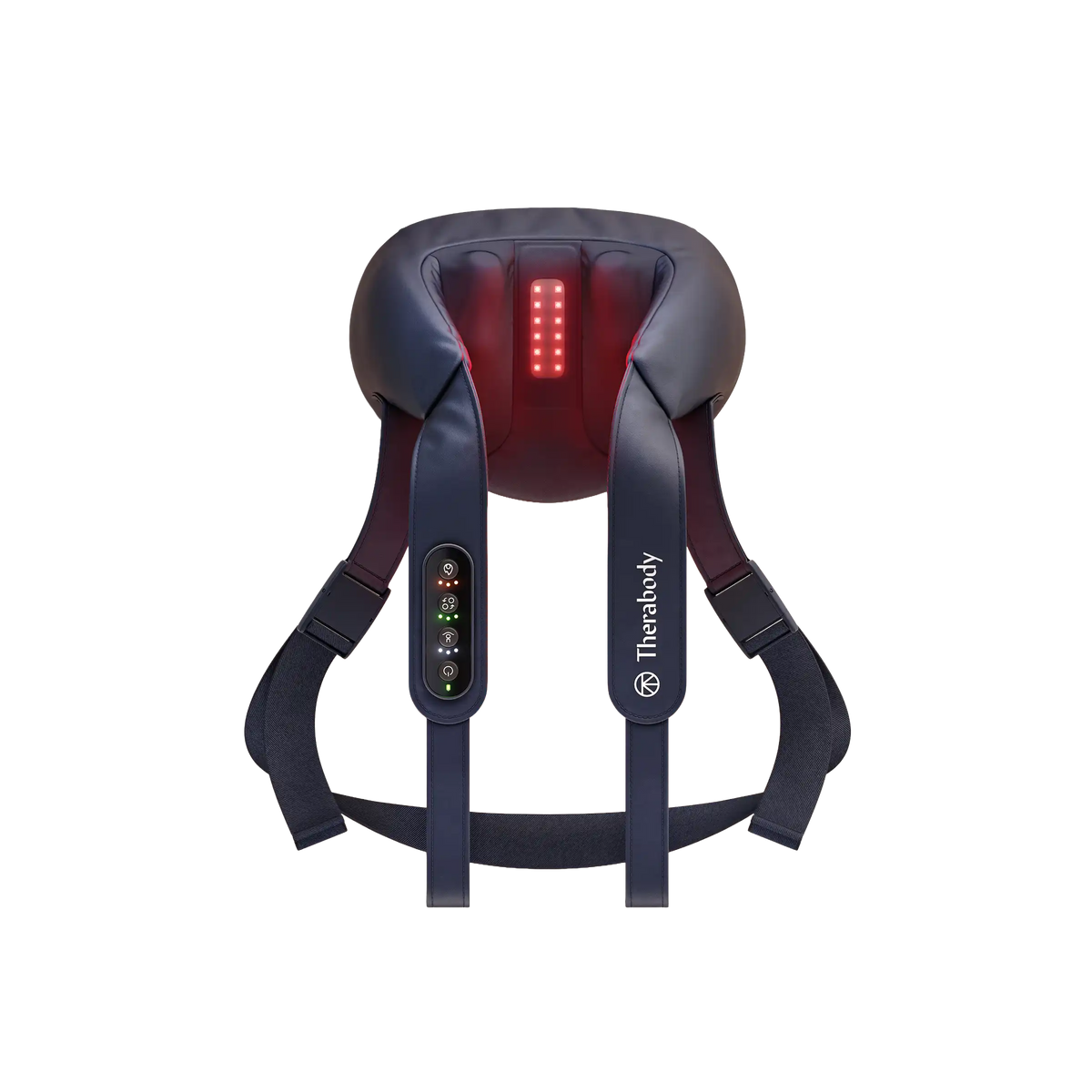 Therabody ThermNeck & Upper Back Nacken- und Rückenmassagegerät in Dunkelblau mit rot leuchtendem LED-Streifen im Nackenbereich, Bedienfeld am linken Gurt und Rückengurt, freigestellt
