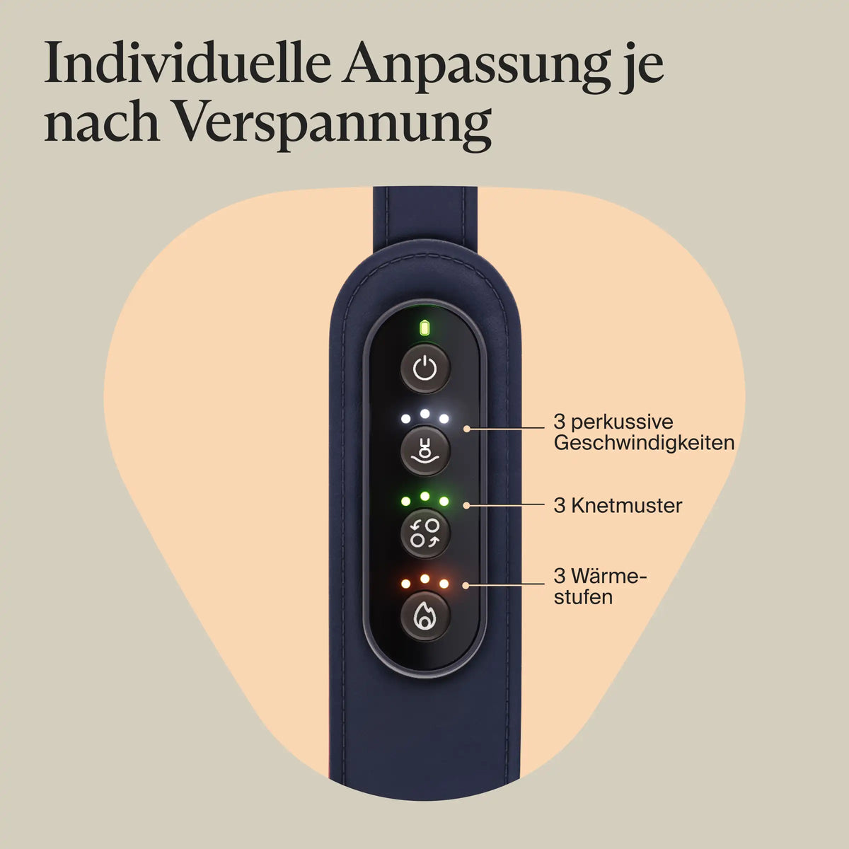 Bedienfeld des Therabody ThermNeck & Upper Back Nackenmassagegeräts mit Ein-/Aus-Taste, Akku-Anzeige und drei Tasten: 3 perkussive Geschwindigkeiten, 3 Knetmuster, 3 Wärmestufen für individuelle Anpassung je nach Verspannung