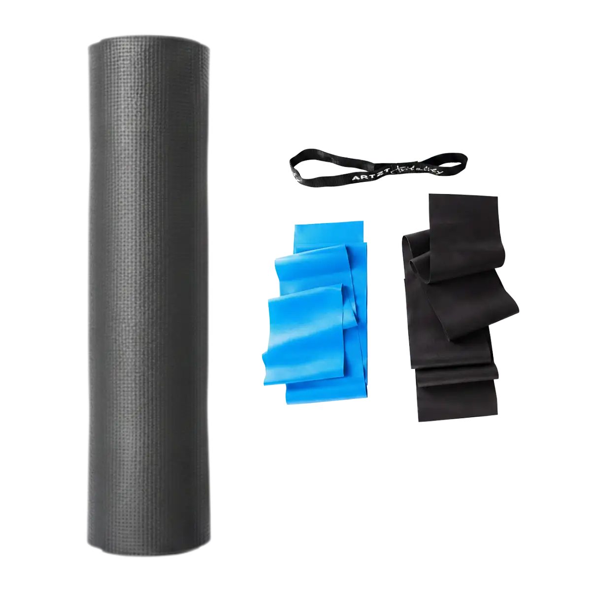 Home Gym Set von ARTZT vitality, bestehend aus: eine zusammengerollte schwarze Gymnastikmatte, zwei Fitnessbänder jeweils in blau und schwarz sowie eine passende Schlaufe.