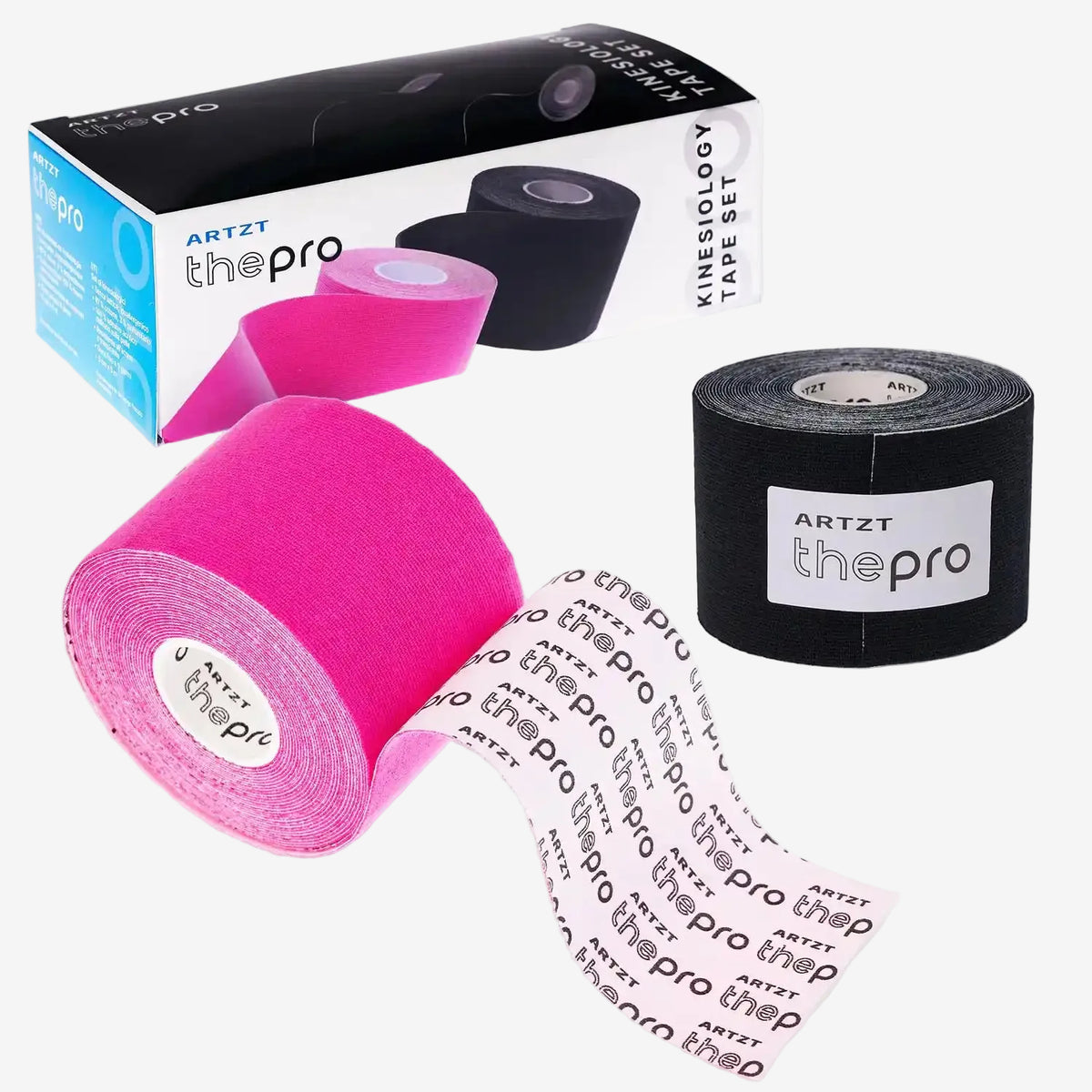Eine schwarze und eine pinke Rolle ARTZT thepro Kinesiologische Tapes inkl. Verpackung auf transparentem Hintergrund. #variante_pink + schwarz