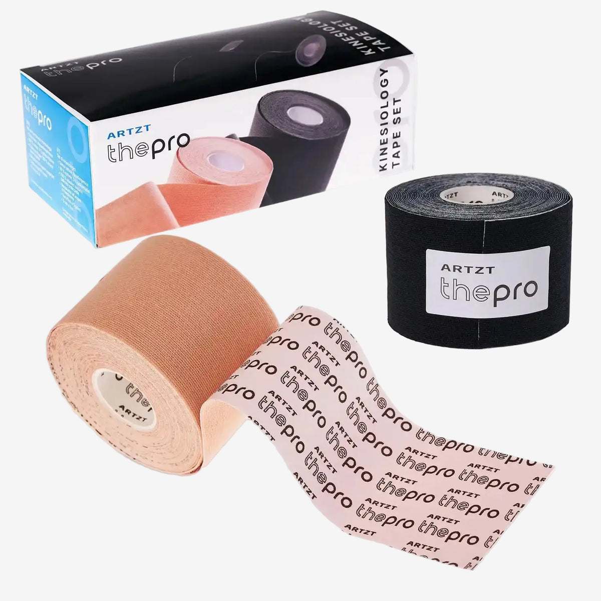 Eine schwarze und eine beige Rolle ARTZT thepro Kinesiologische Tapes inkl. Verpackung auf transparentem Hintergrund. #variante_beige + schwarz