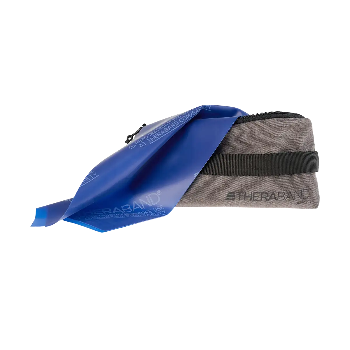 Blaues TheraBand mit 2,50 m Länge und Transporttasche, flach ausgelegt vor weißem Hintergrund. #farbe_blau