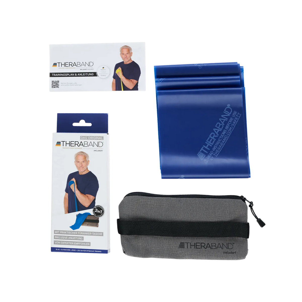 TheraBand Trainingsset in Blau mit 2,50 m langem Widerstandsband, Trainingsanleitung, Verpackung und grauer Transporttasche, auf weißem Hintergrund dargestellt. #farbe_blau