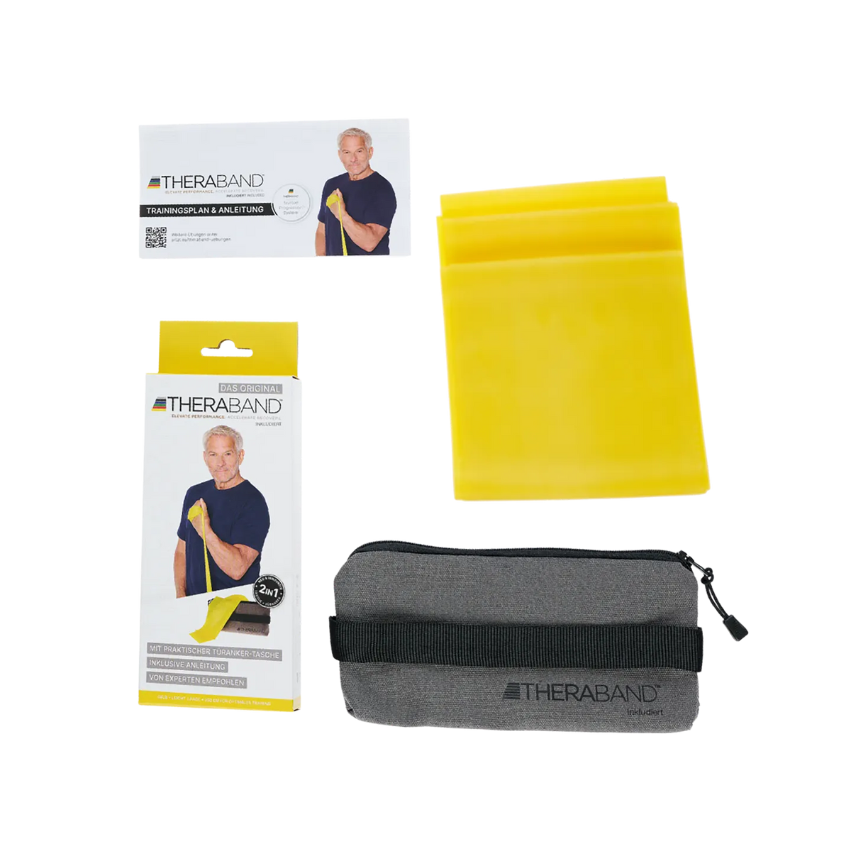 TheraBand Trainingsset in Gelb mit 2,50 m langem Widerstandsband, Trainingsanleitung, Verpackung und grauer Transporttasche, auf weißem Hintergrund dargestellt. #farbe_gelb