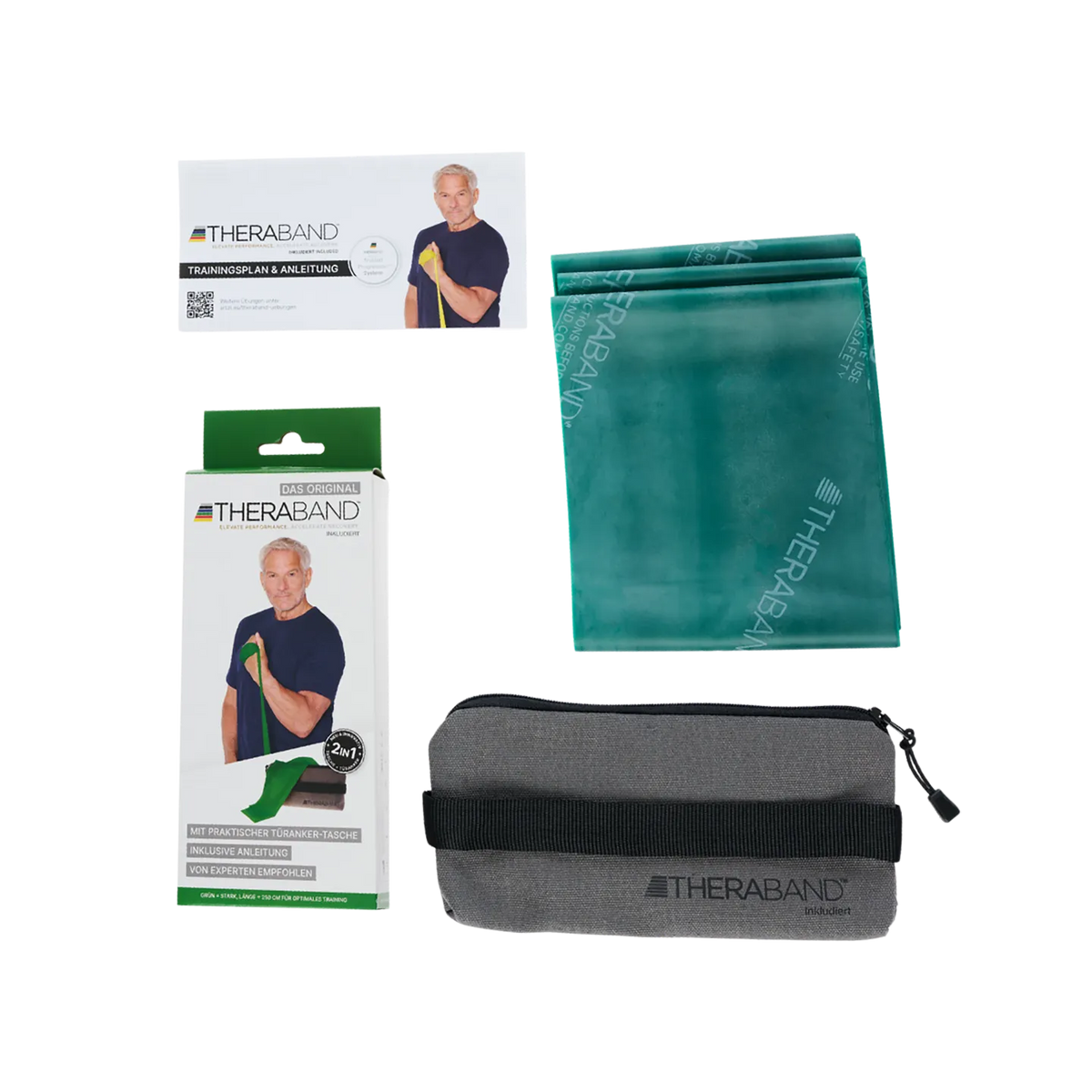 TheraBand Trainingsset in Grün mit 2,50 m langem Widerstandsband, Trainingsanleitung, Verpackung und grauer Transporttasche, auf weißem Hintergrund dargestellt. #farbe_grün