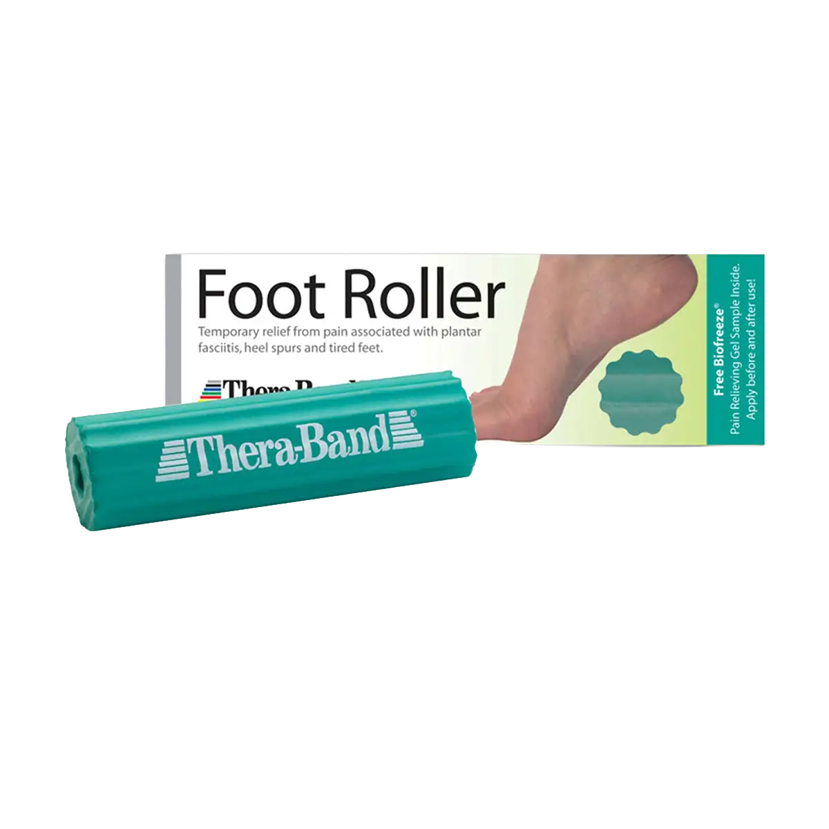 THERABAND Fußroller mit Verpackung auf transparentem Hintergrund.