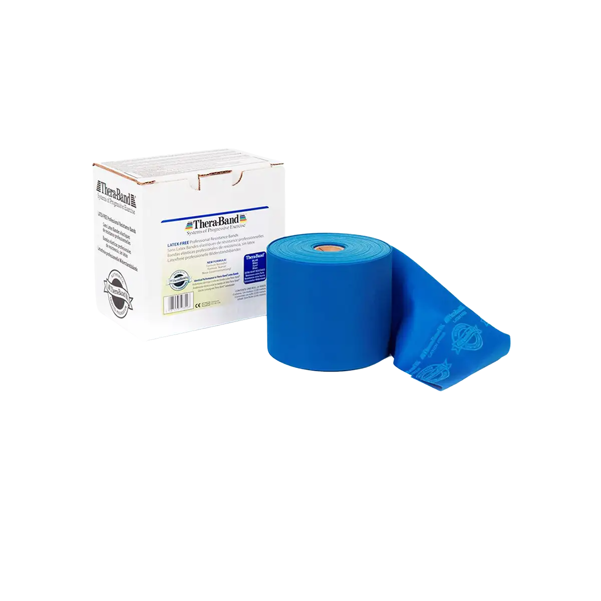 THERABAND Rolle 22,85 m in blau mit Verpackung auf transparentem Hintergrund. #farbe_blau