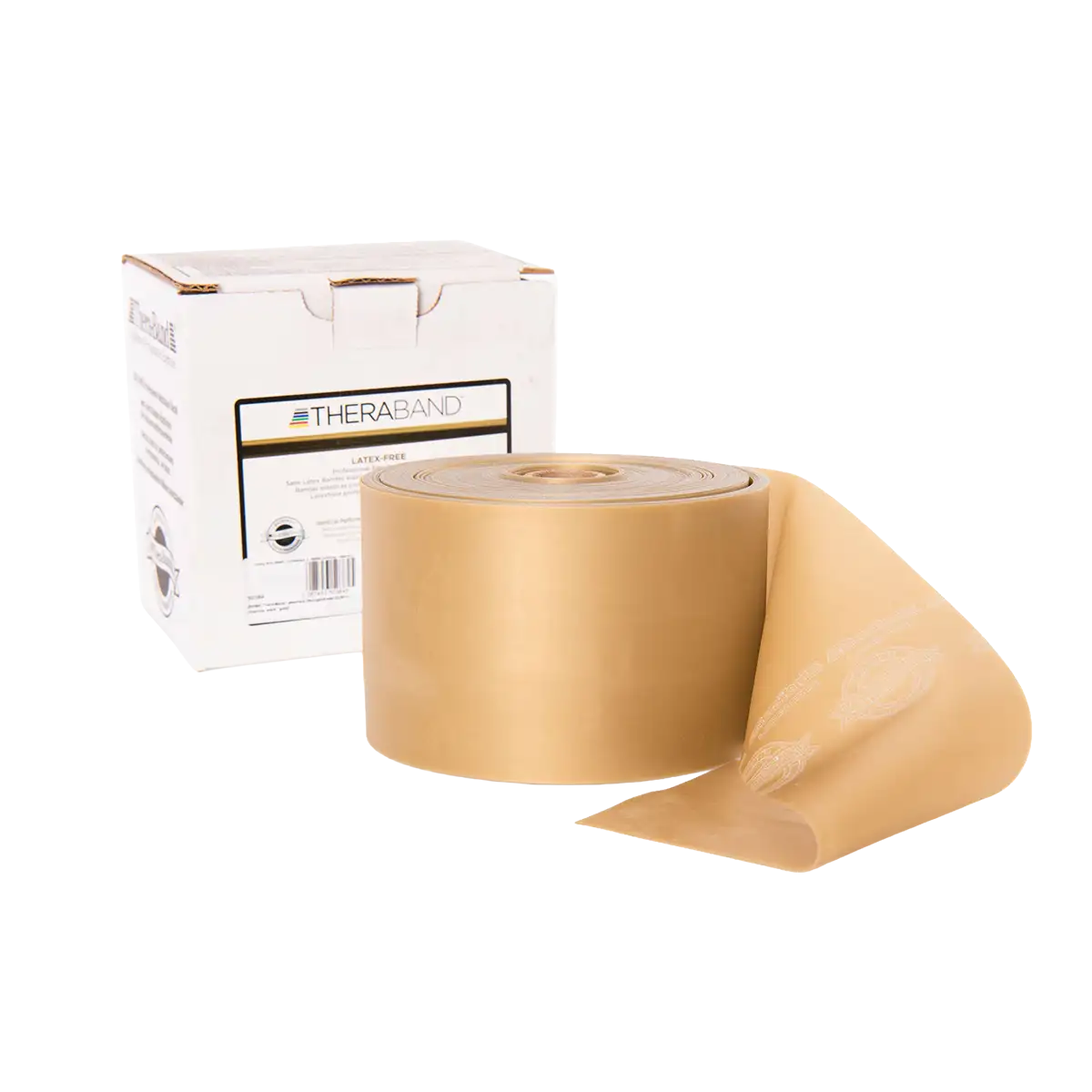 THERABAND Rolle 22,85 m in gold mit Verpackung auf transparentem Hintergrund. #farbe_gold