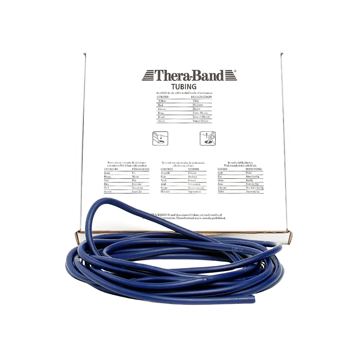 THERABAND Tubing 7,50 m in blau mit Verpackung auf transparentem Hintergrund. #farbe_blau
