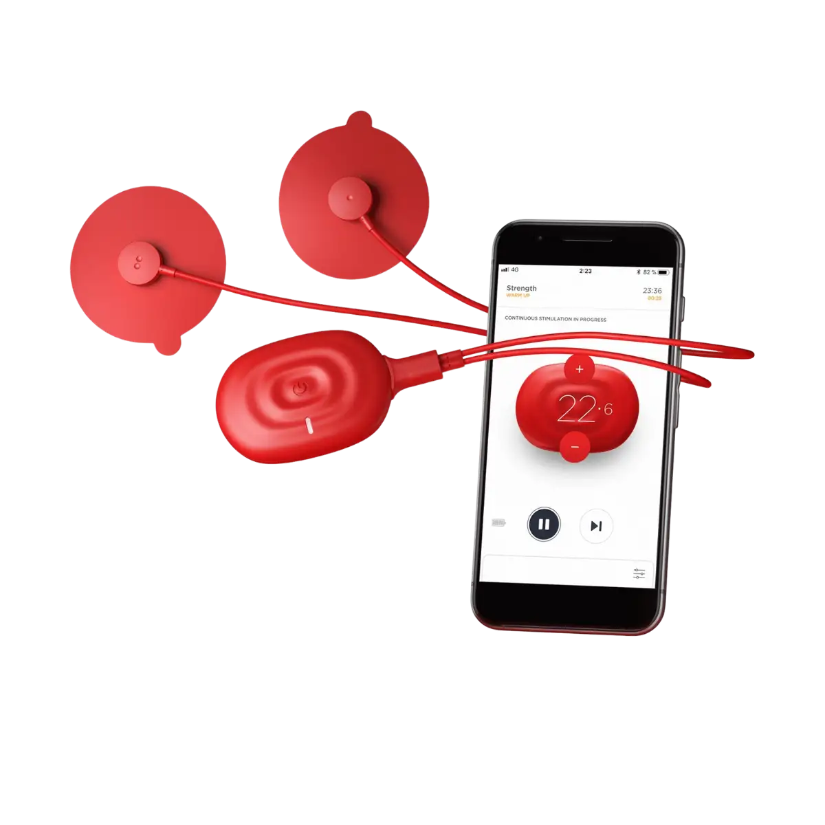 Therabody PowerDot UNO mit Smartphone auf transparentem Hintergrund