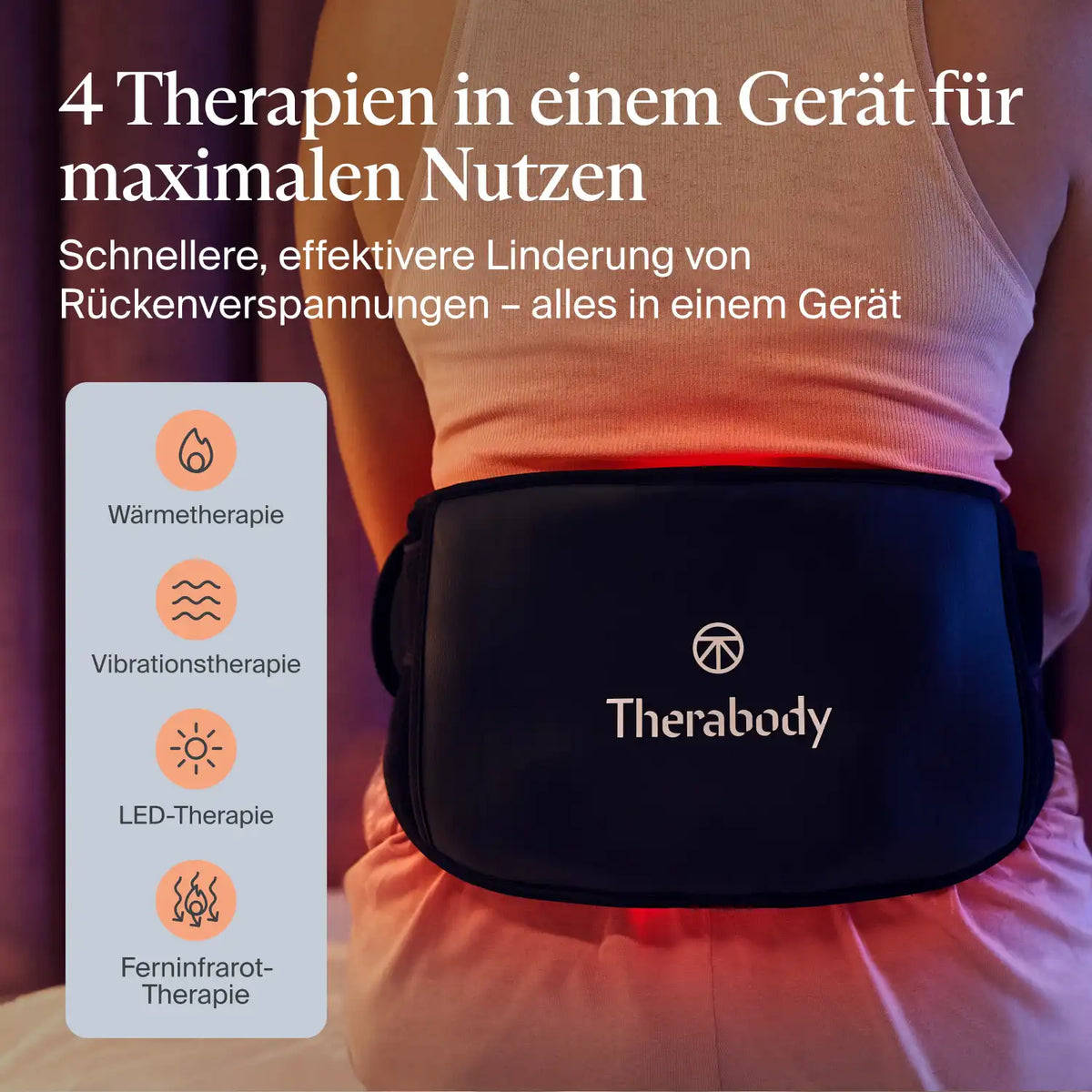 Therabody ThermBack LED Wärmegürtel Rückenbandage mit vier aufgelisteten Anwendungsmöglichkeiten.