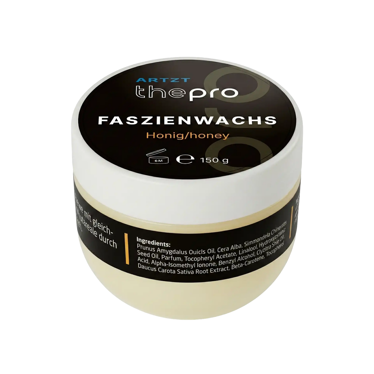 Dose Faszienwachs Faszien Massage Gel „Honig/Honey“ von ARTZT thepro mit 150 ml Inhalt, weißer Schraubdeckel und transparentes Gel im Inneren, Produktetikett mit Inhaltsangaben sichtbar.
