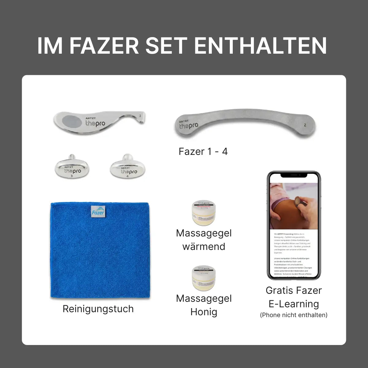 Übersicht aller Produkte im ARTZT thepro Fazer Set: die vier Fazer-Tools 1 bis 4, ein blaues Reinigungstuch, wärmendes Massagegel, Massagegel mit Honig sowie der Zugriff auf das Fazer E-Learning (Smartphone nicht enthalten). Die Abbildung zeigt alle Bestandteile klar angeordnet auf hellem Hintergrund. #variante_set