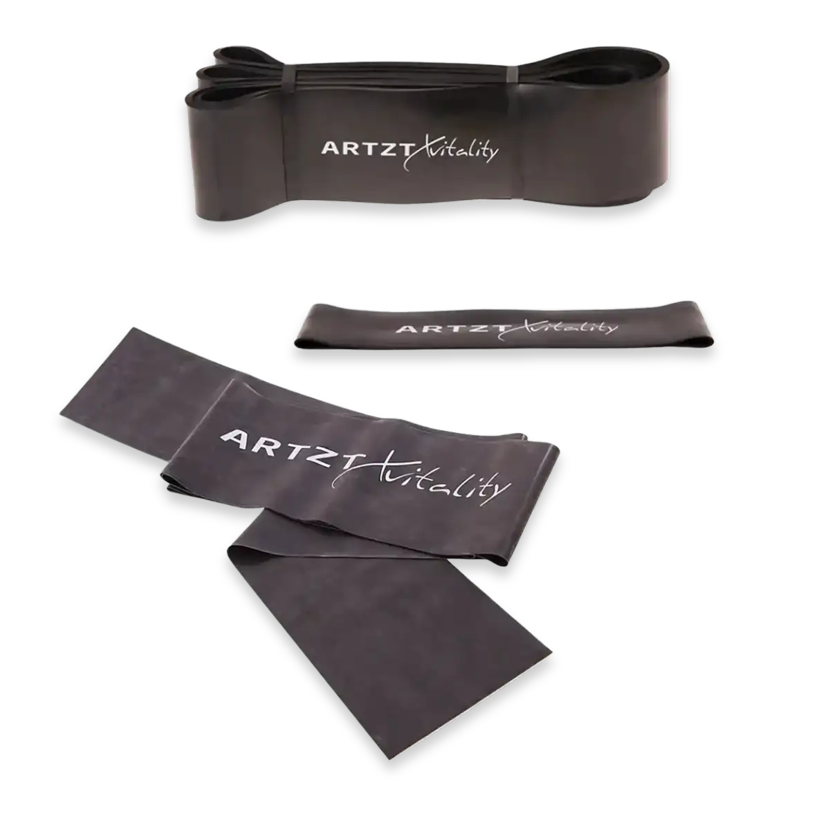 Ein Powerband, ein Loop Band und ein Fitnessband der Marke ARTZT vitality, jeweils in schwarz