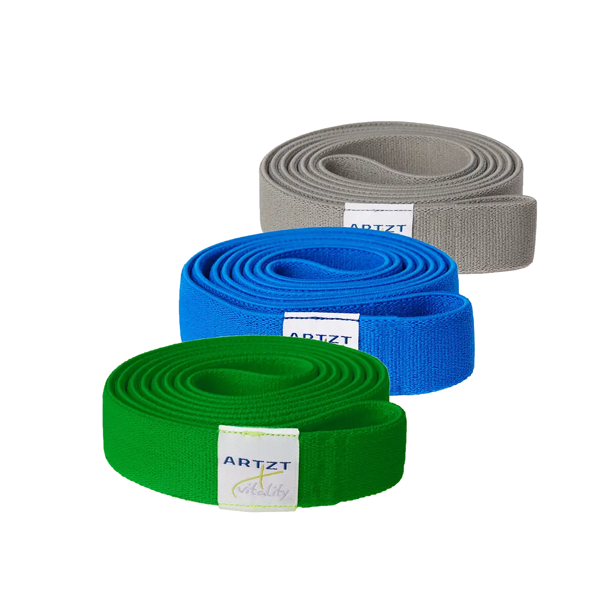 Drei ARTZT vitality Super Bands in grau, blau und grün