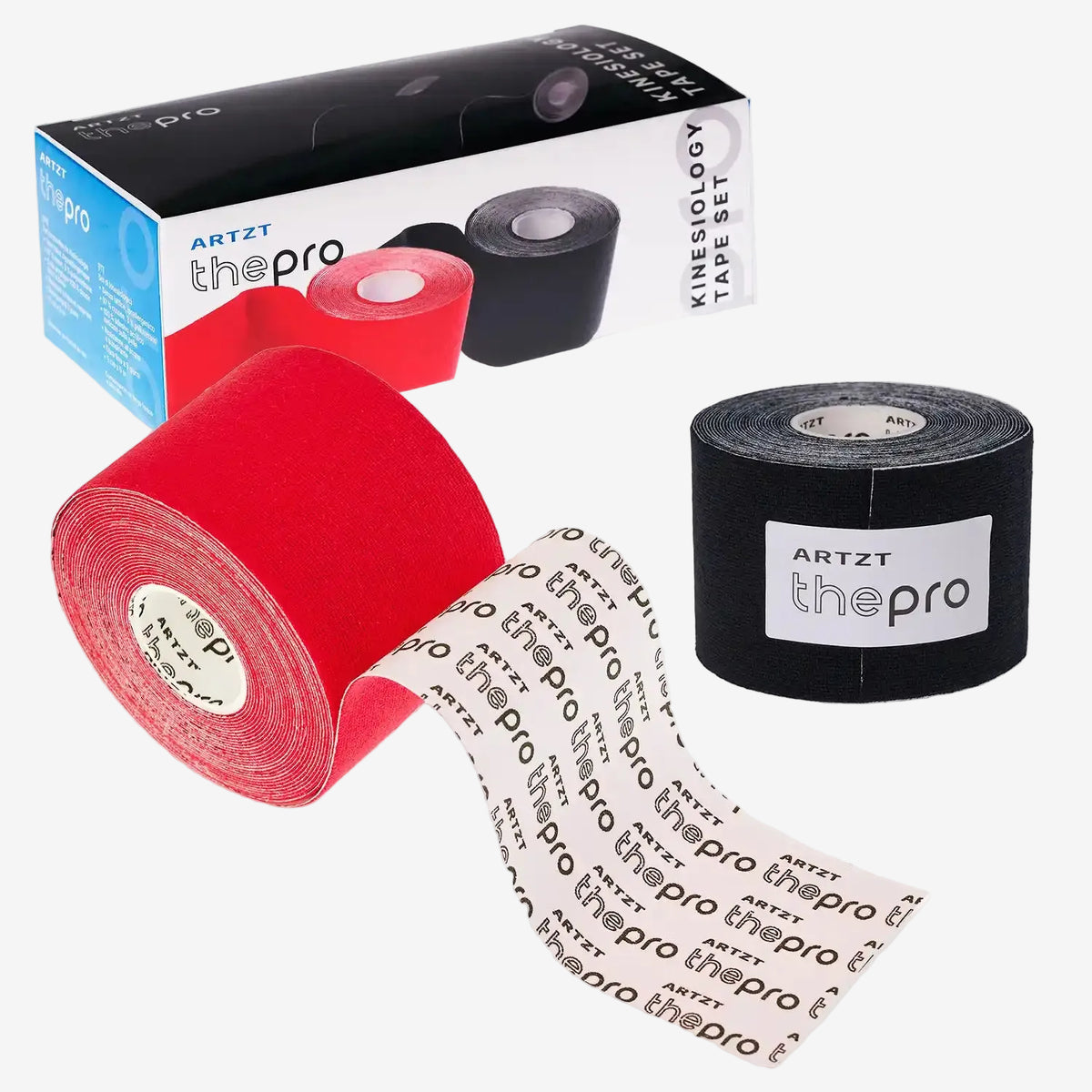 Eine schwarze und eine rote Rolle ARTZT thepro Kinesiologische Tapes inkl. Verpackung auf transparentem Hintergrund. #variante_rot + schwarz