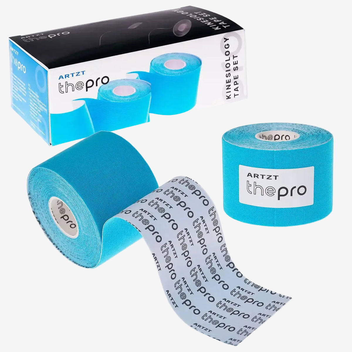 Zwei blaue Rollen ARTZT thepro Kinesiologische Tapes inkl. Verpackung auf transparentem Hintergrund. #variante_blau + blau