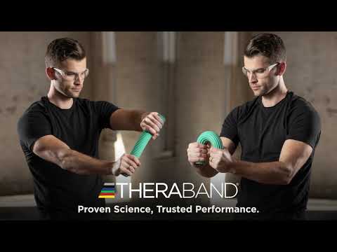 YouTube-Thumbnail mit zwei Männern, die jeder einen grünen TheraBand FlexBar Handtrainer biegen. Darunter steht: THERABAND. Proven Scieence, Trusted Performance.