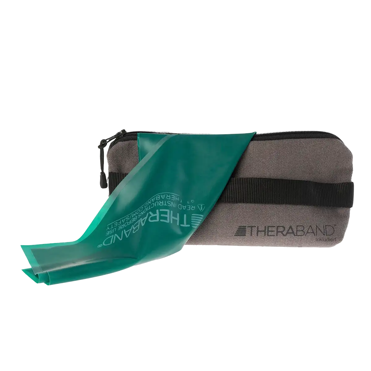 Grünes TheraBand mit 2,50 m Länge und Transporttasche, flach ausgelegt vor weißem Hintergrund. #farbe_grün