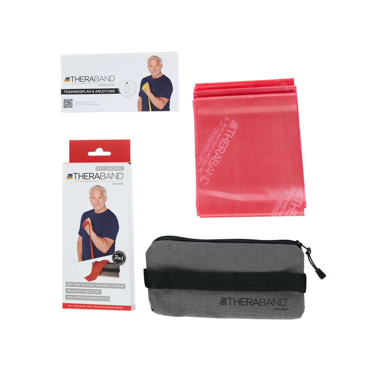 TheraBand Trainingsset in Rot mit 2,50 m langem Widerstandsband, Trainingsanleitung, Verpackung und grauer Transporttasche, auf weißem Hintergrund dargestellt. #farbe_rot