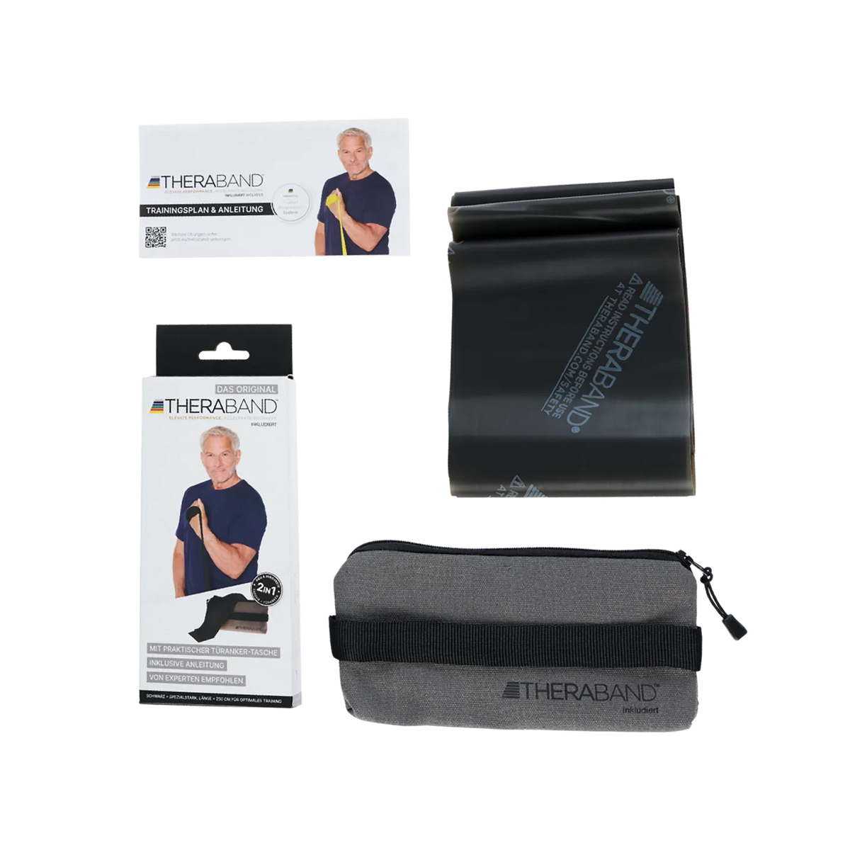 TheraBand Trainingsset in Schwarz mit 2,50 m langem Widerstandsband, Trainingsanleitung, Verpackung und grauer Transporttasche, auf weißem Hintergrund dargestellt. #farbe_schwarz