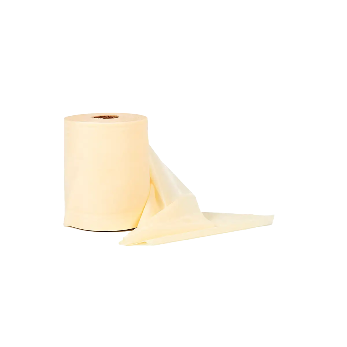 Beige TheraBand Rolle mit 45,50 m Länge, teilweise abgerollt, auf weißem Hintergrund dargestellt. #farbe_beige
