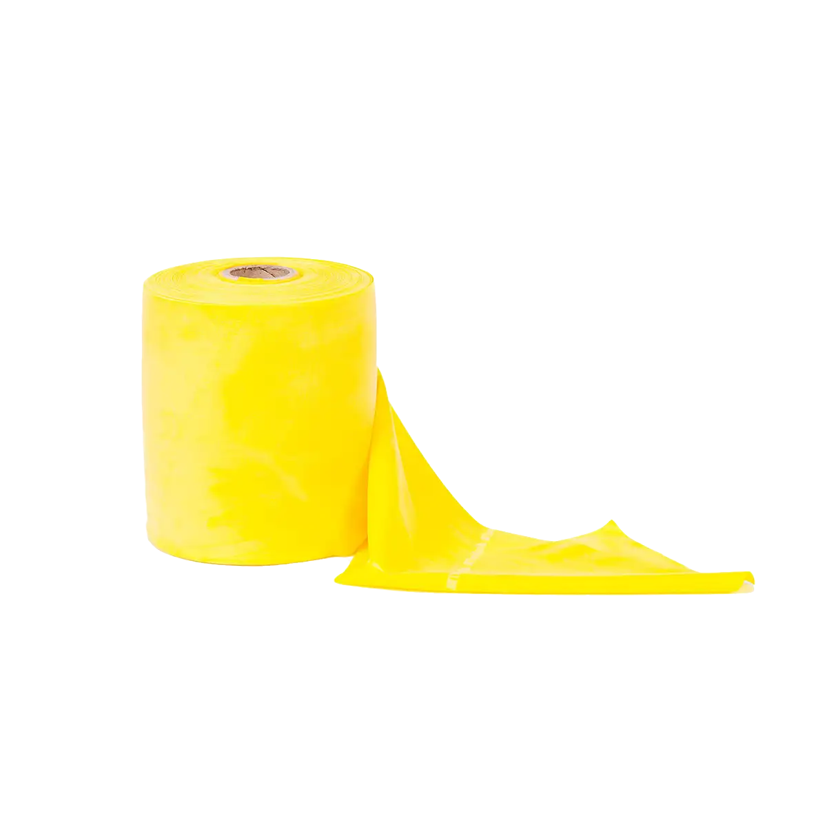 Gelbe TheraBand Rolle mit 45,50 m Länge, teilweise abgerollt, auf weißem Hintergrund dargestellt. #farbe_gelb
