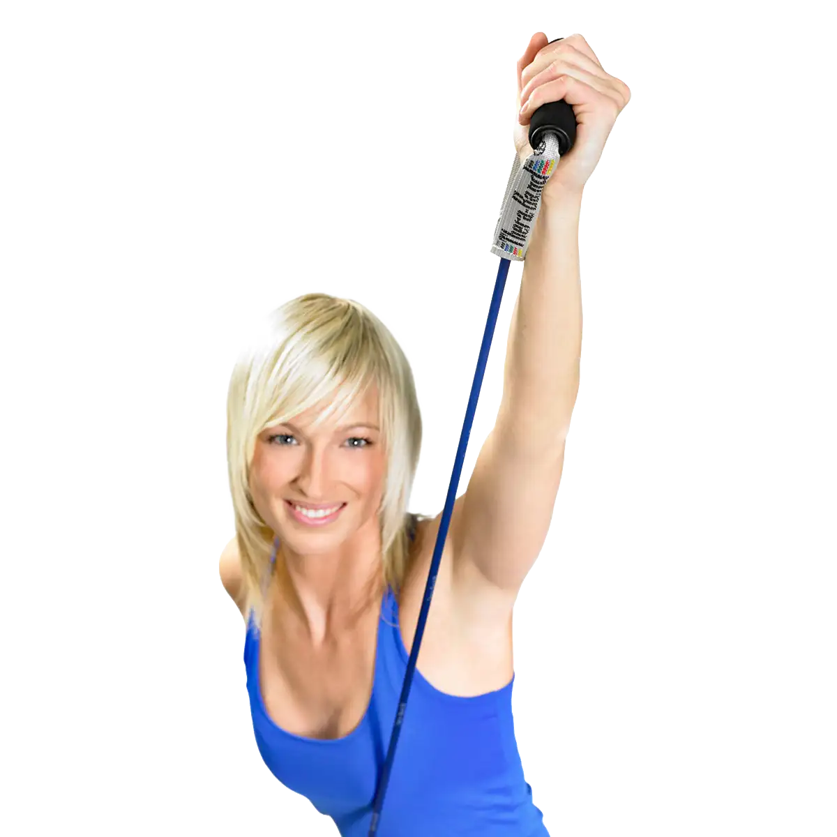 Frau dehnt mit dem linken Arm ein blaues THERABAND Bodytrainer Tubing mit Schaumstoffgriffen nach oben.