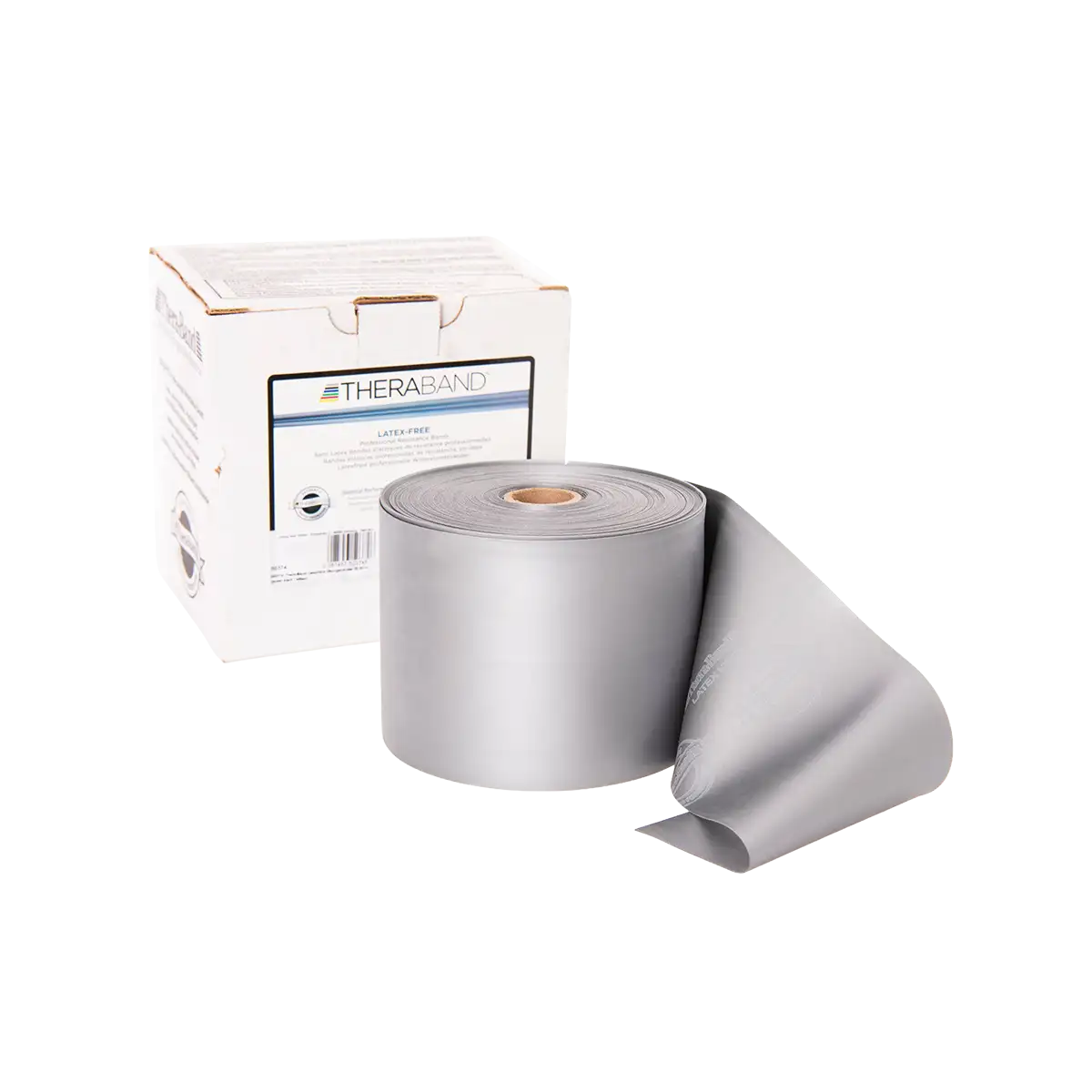 THERABAND Rolle 22,85 m in silber mit Verpackung auf transparentem Hintergrund. #farbe_silber