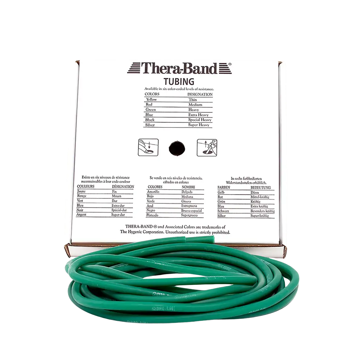THERABAND Tubing 7,50 m in grün mit Verpackung auf transparentem Hintergrund. #farbe_grün