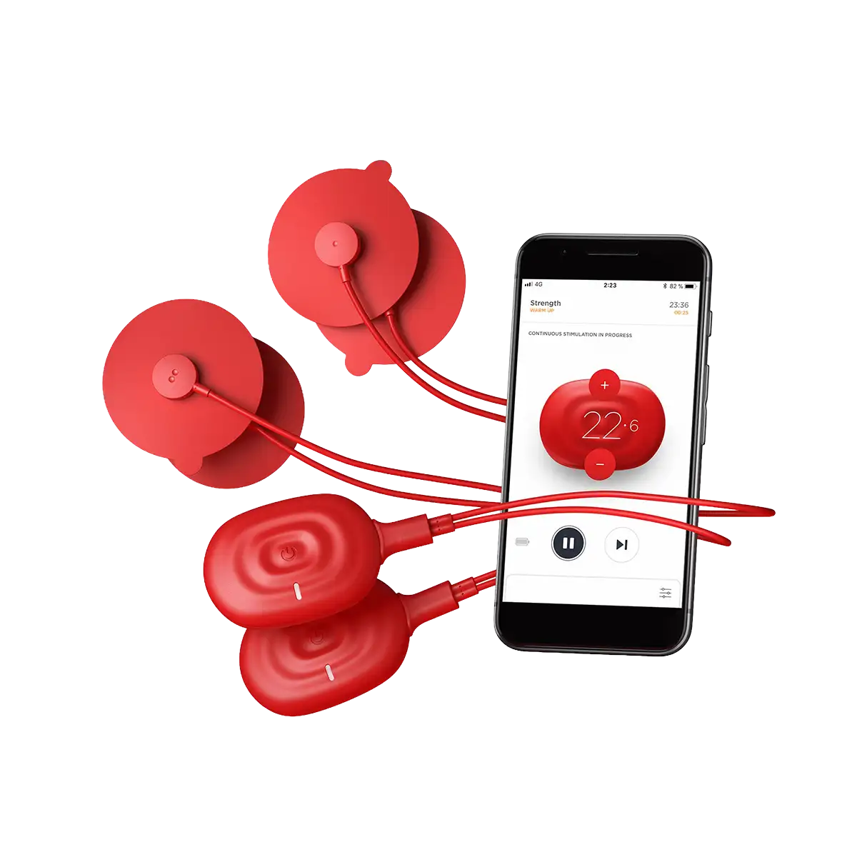 PowerDot 2.0 DUO mit Smartphone, auf der die dazugehörige App abgebildet ist auf transparentem Hintergrund