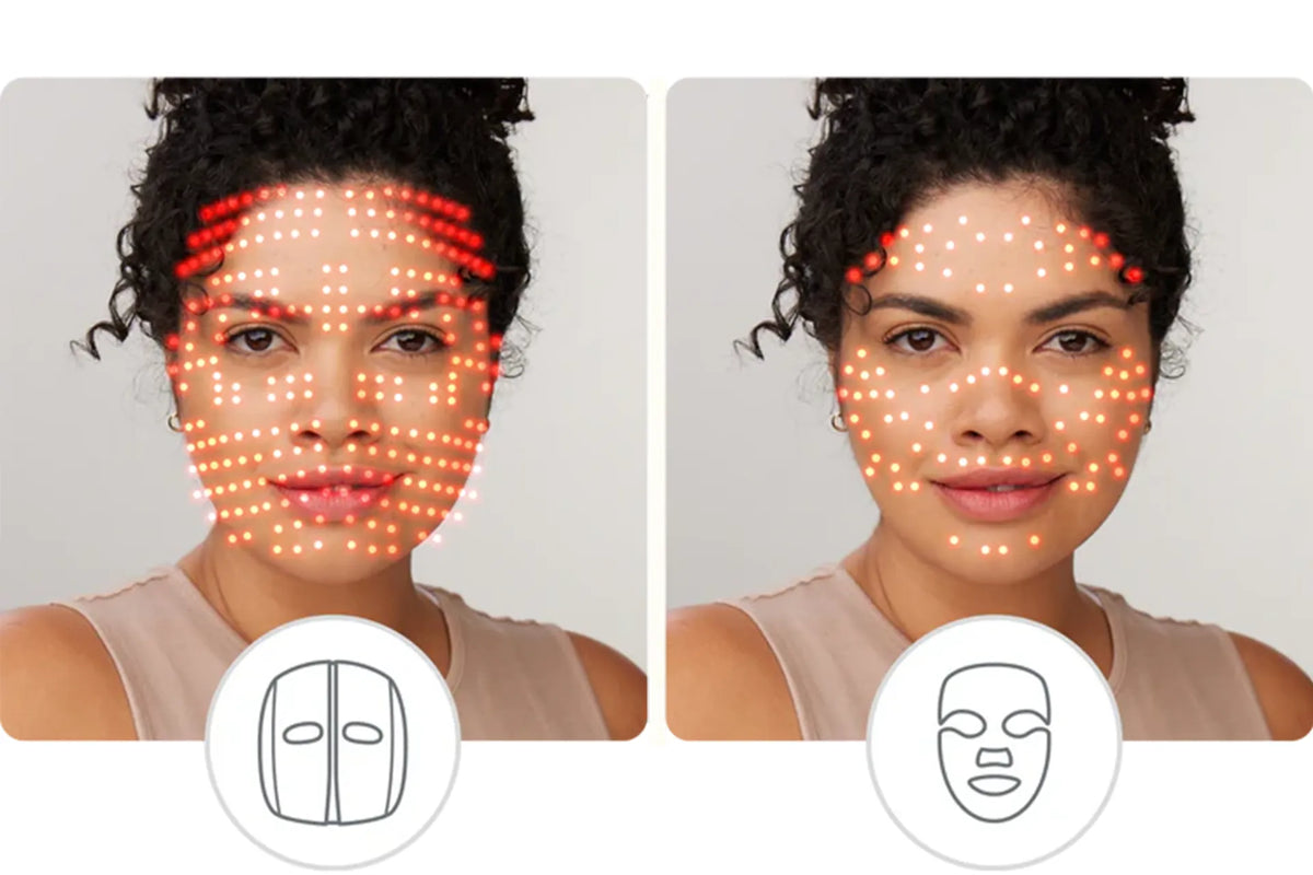 Zwei Bilder derselben Frau zeigen die Anzahl der LEDs der Therabody TheraFace Mask.